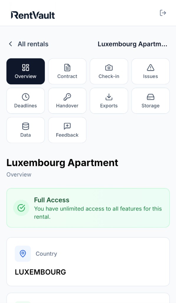 RentVault dashboard showing Luxembourg Apartment with full access