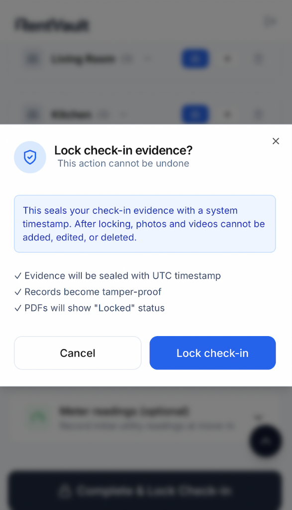 Lock check-in evidence confirmation modal