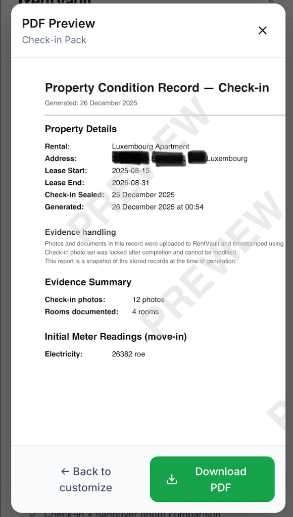 PDF report preview showing property condition record