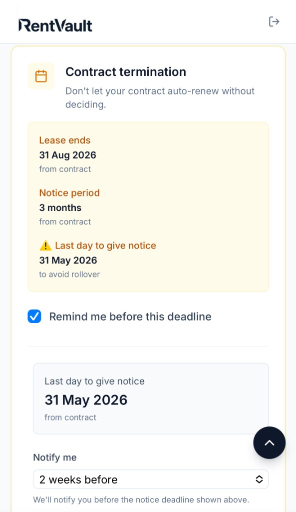RentVault contract termination reminder showing lease end date, notice period, and deadline notification settings