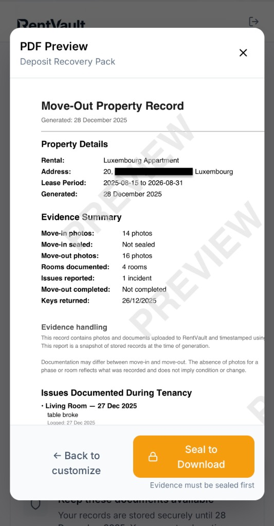 RentVault Deposit Recovery Pack showing move-out property record with evidence summary and issues documented
