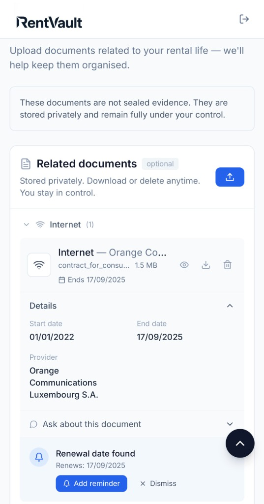 RentVault document vault showing internet contract with renewal date detection and reminder option